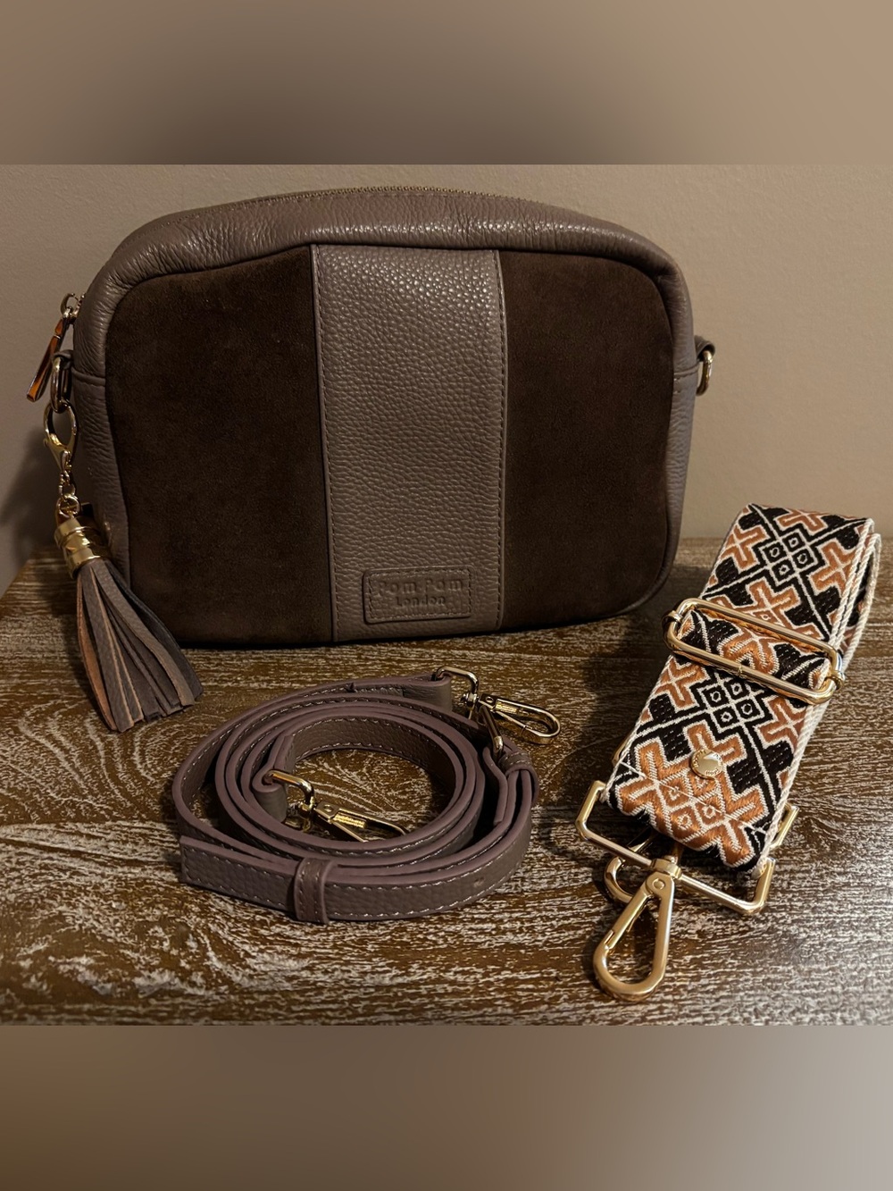 Pom Pom London Like New Mocha Suede Mix City Crossbody Bag Two Straps Tassel